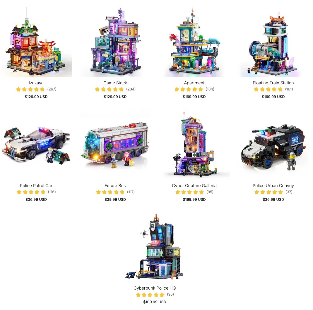 The full Lumibricks Cyberpunk Neoncity range on the Lumibricks store