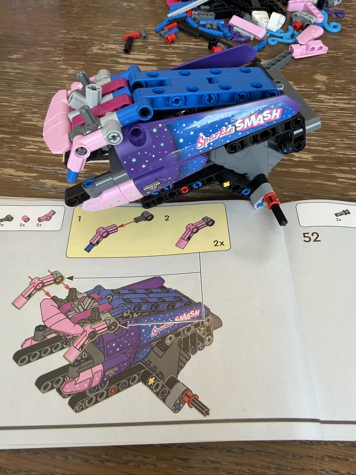 LEGO Technic 42220 Monster Jam Sparkle Smash Pull-Back — build in progress, chassis taking shape