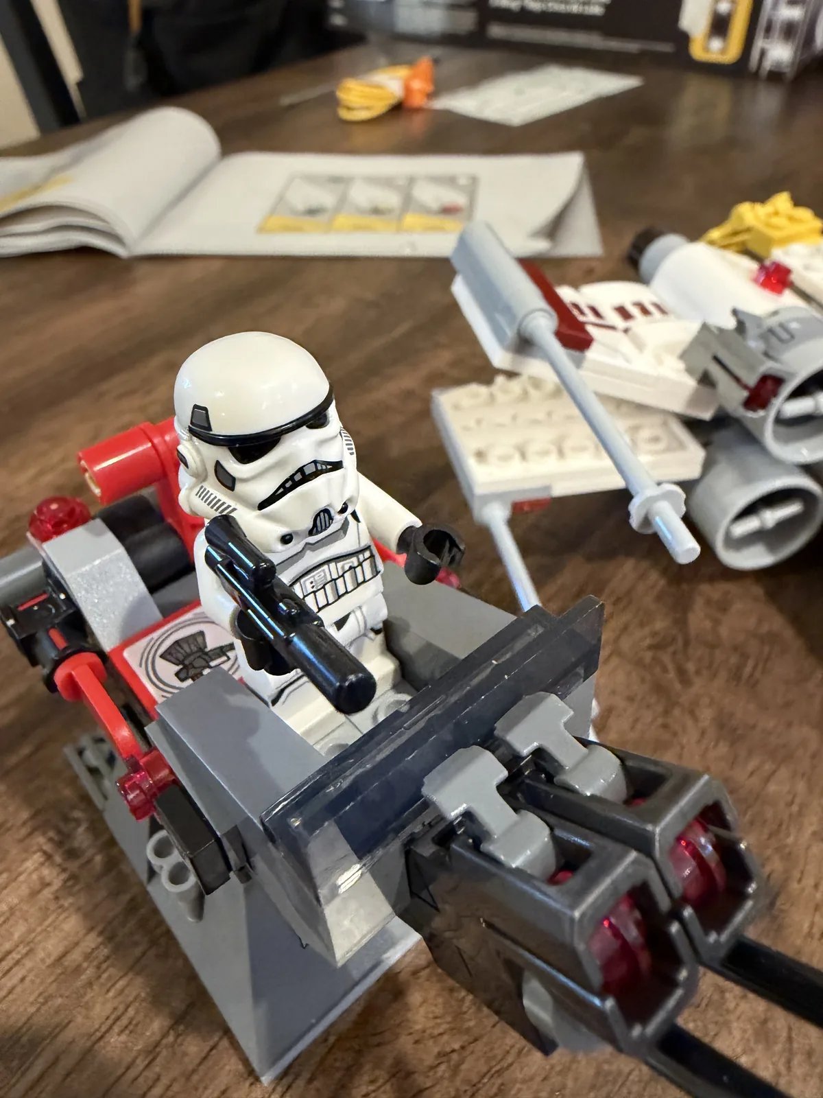 Completed LEGO 75423 Luke's Red Five X-Wing with wings in attack position