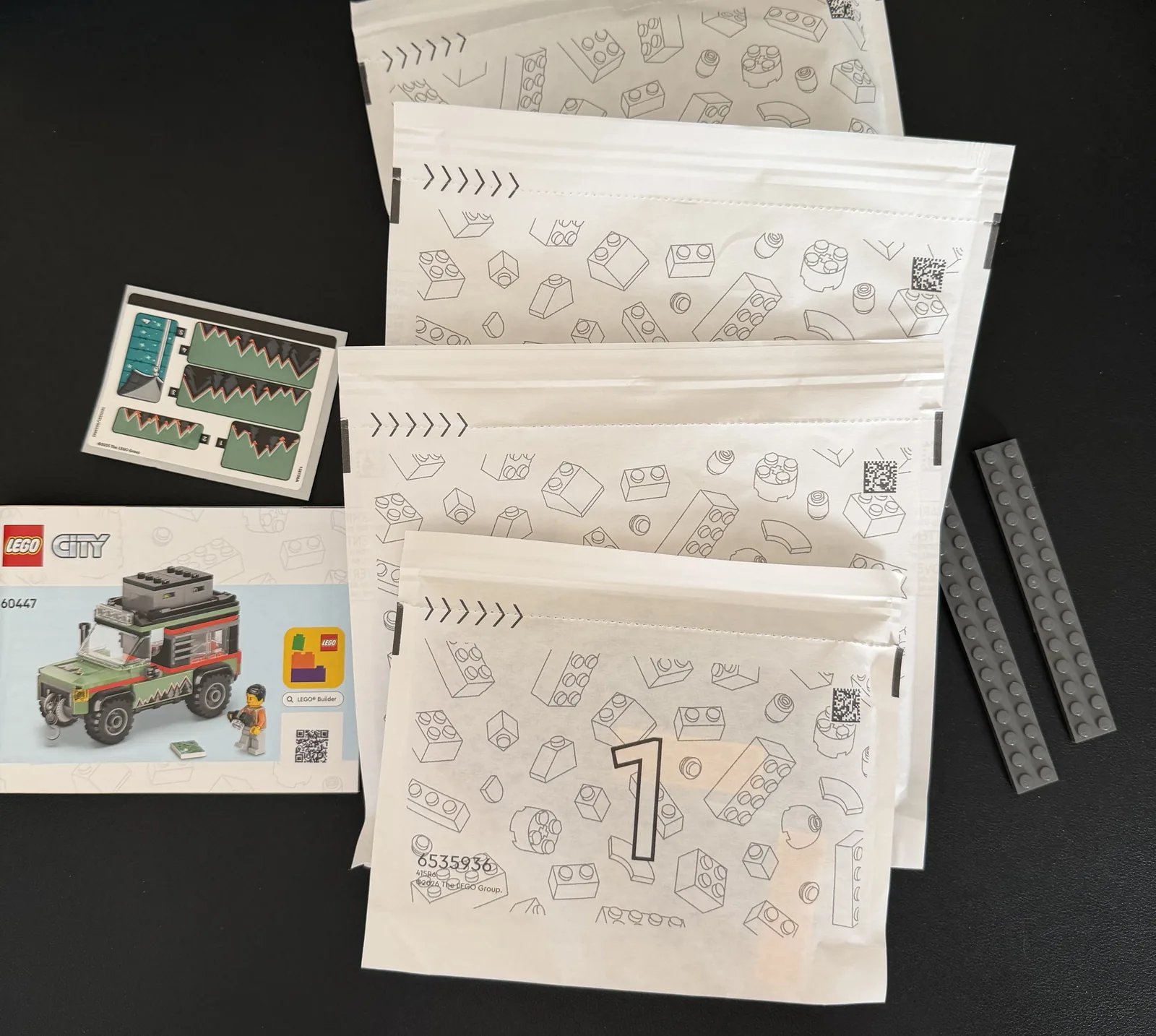 LEGO 60447 Off-Road Mountain Truck — box contents and bags