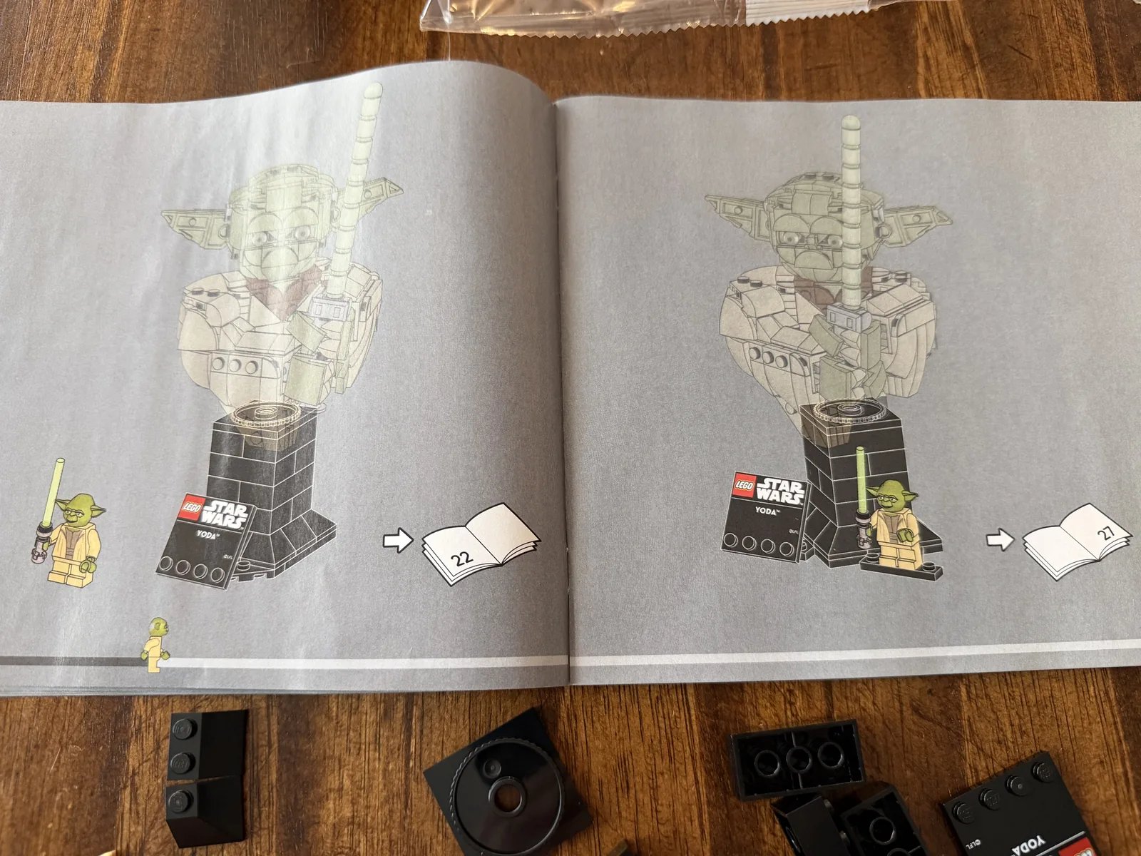 LEGO 75438 Star Wars Yoda Bust — instructions showing the ear and head sub-assemblies