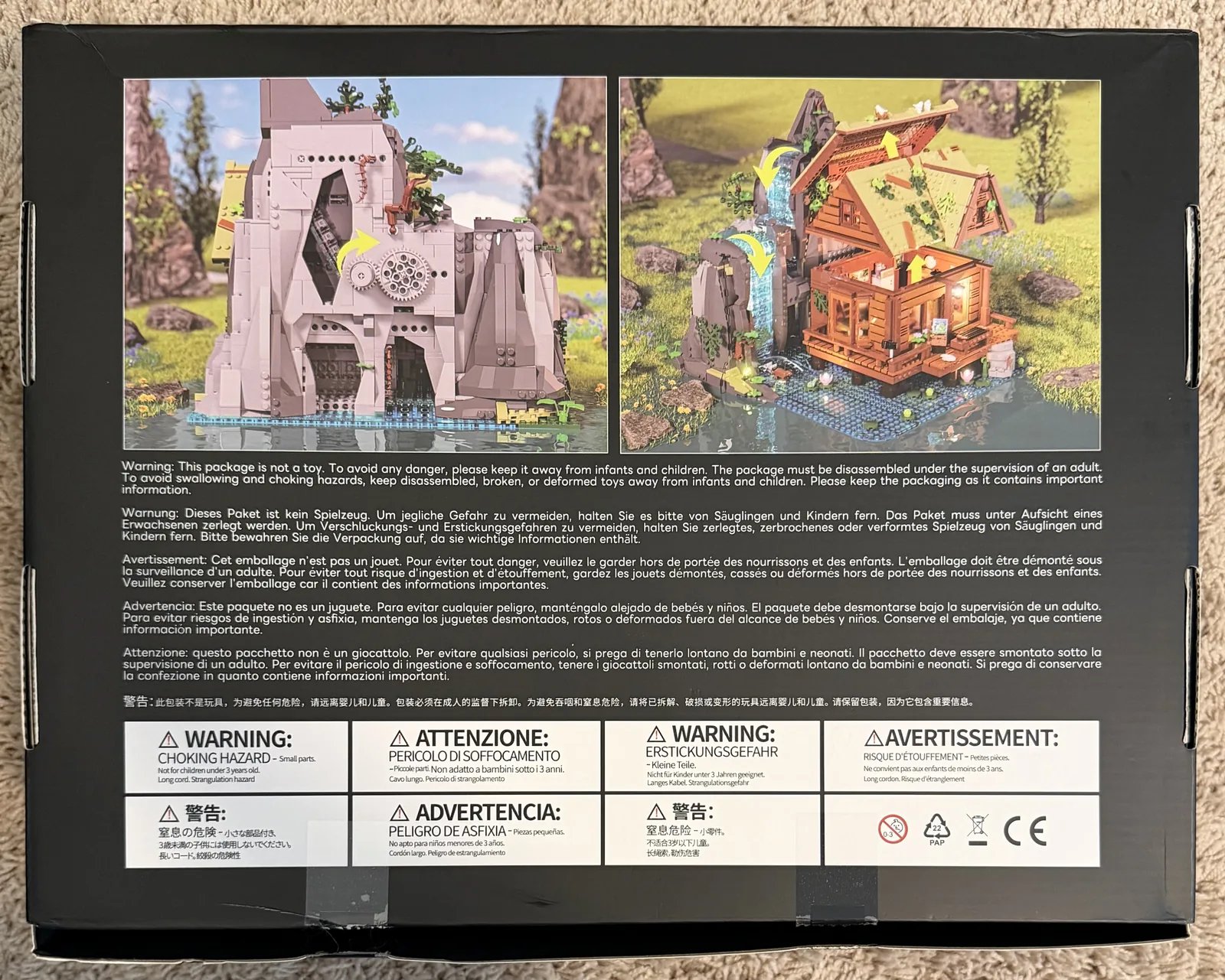 Lumibricks 10010 Waterfall Cabin — box back showing the waterfall gear mechanism and hinged roof