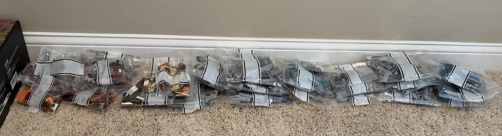 Lumibricks 10010 Waterfall Cabin — numbered bags laid out after unboxing